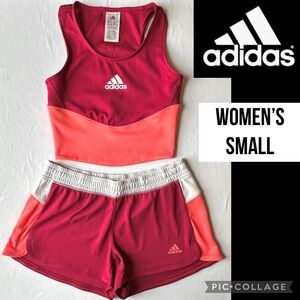 Adidas Womens Crop Top & Shorts Set Colorblock Activewear Burgundy Pacer Size S